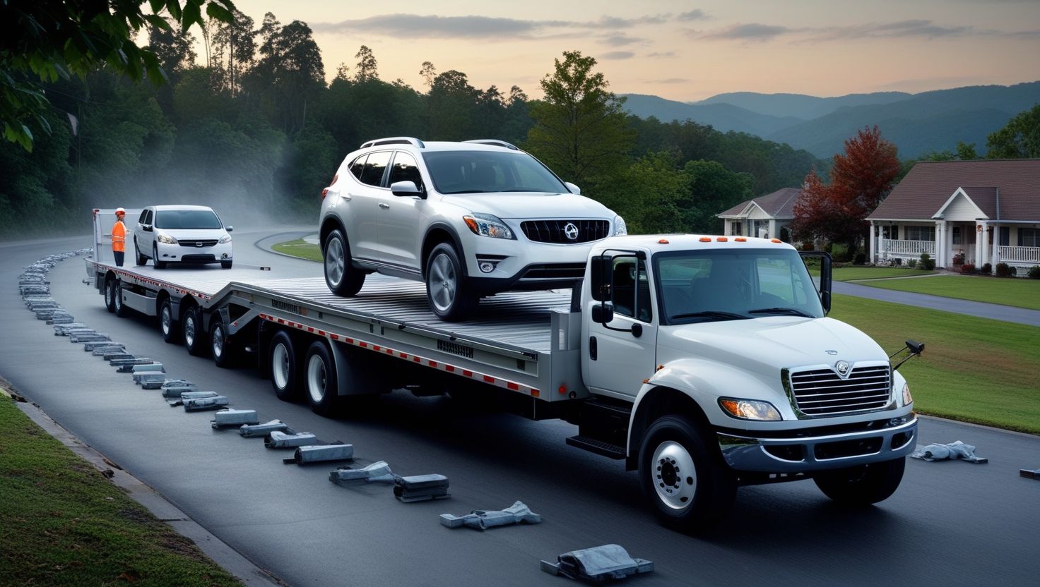 Branded Rentaka tow truck collecting a sedan from a residential driveway at sunrise — cinematic door-to-door collection