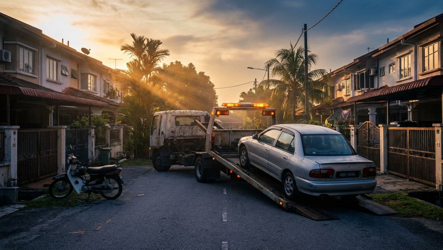 Branded Rentaka tow truck collecting a sedan from a residential driveway at sunrise — cinematic door-to-door collection