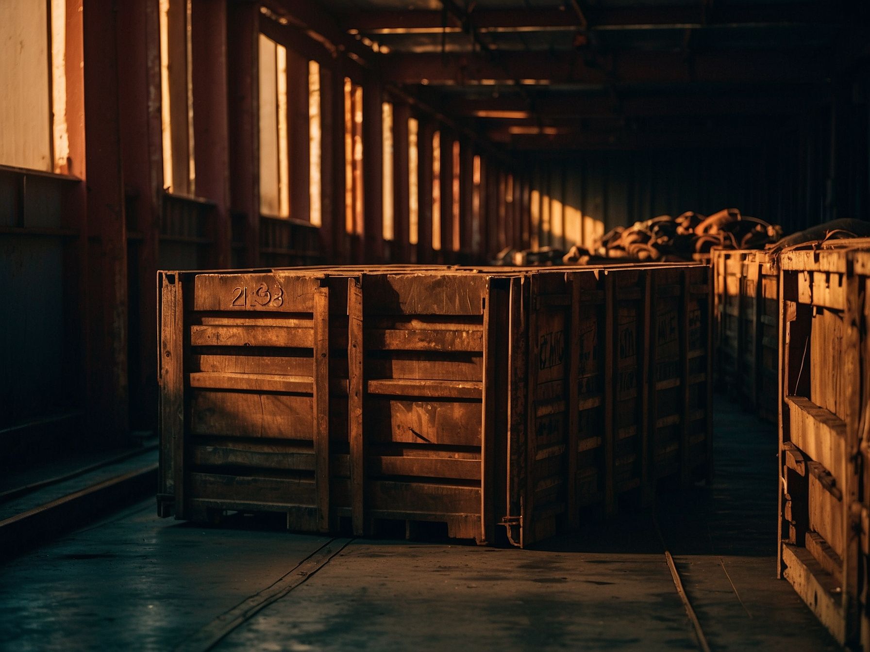 Cargo crates lashed securely in the vessel hold
