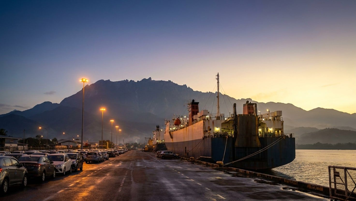 A car driving off a RORO ship at port — return leg Sabah to Peninsular