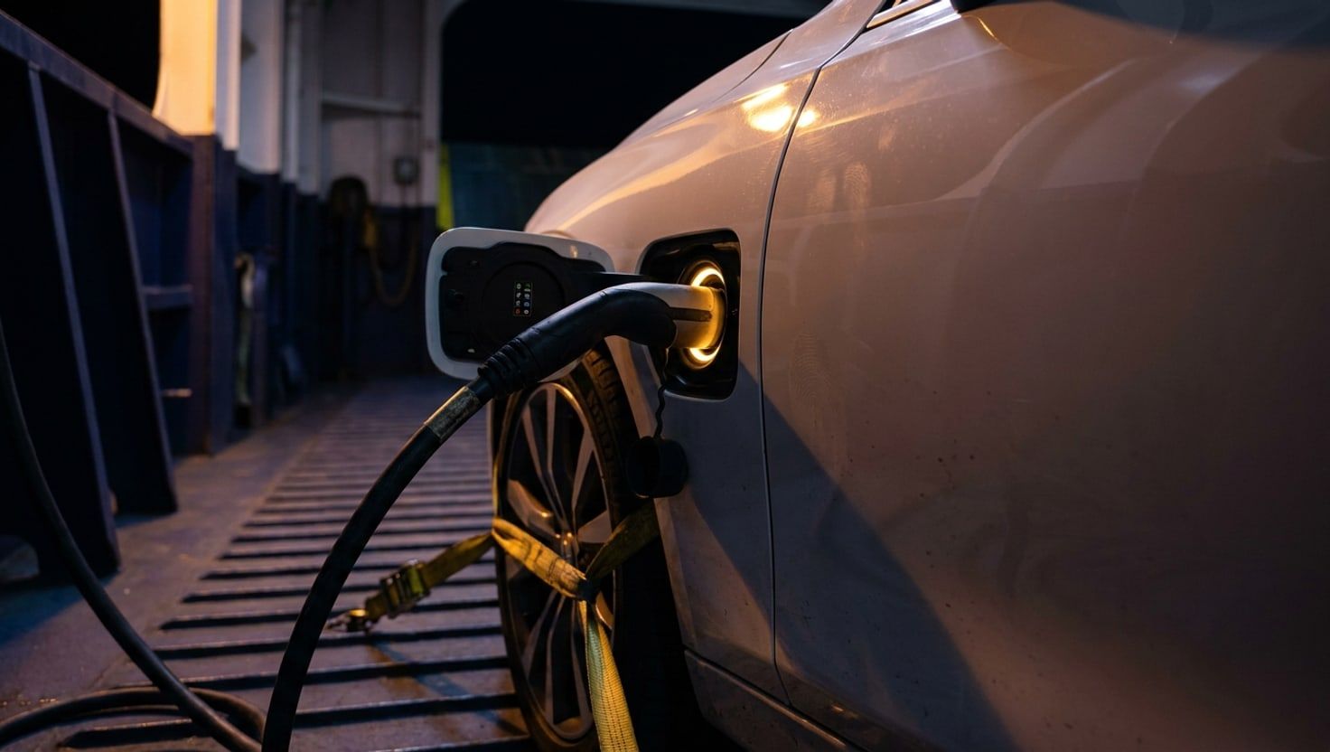 A modern electric car at a port — shipping an EV to Sabah Sarawak by container