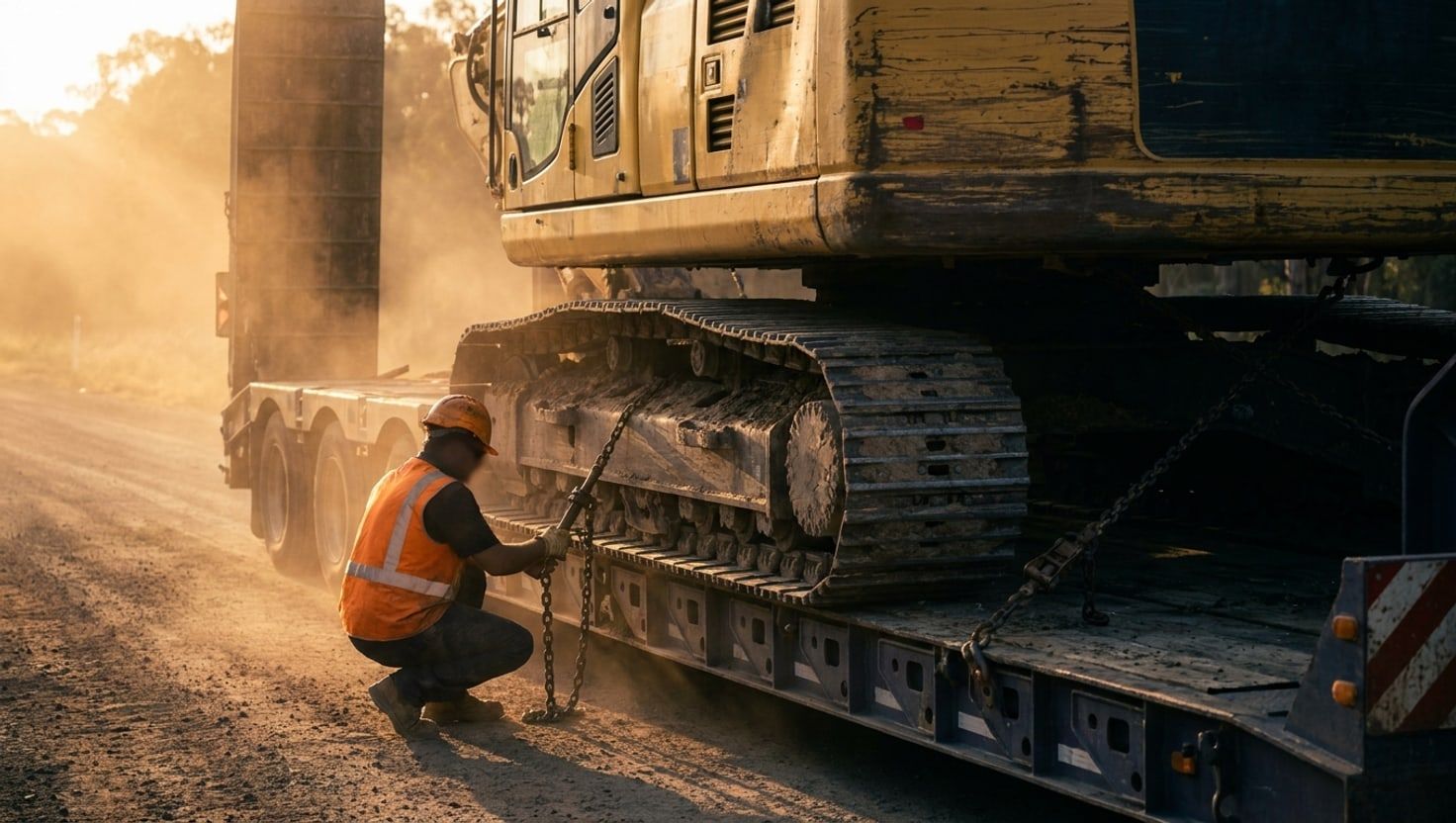 Yellow tracked excavator being lashed onto RORO vessel at Port Klang — cinematic industrial logistics