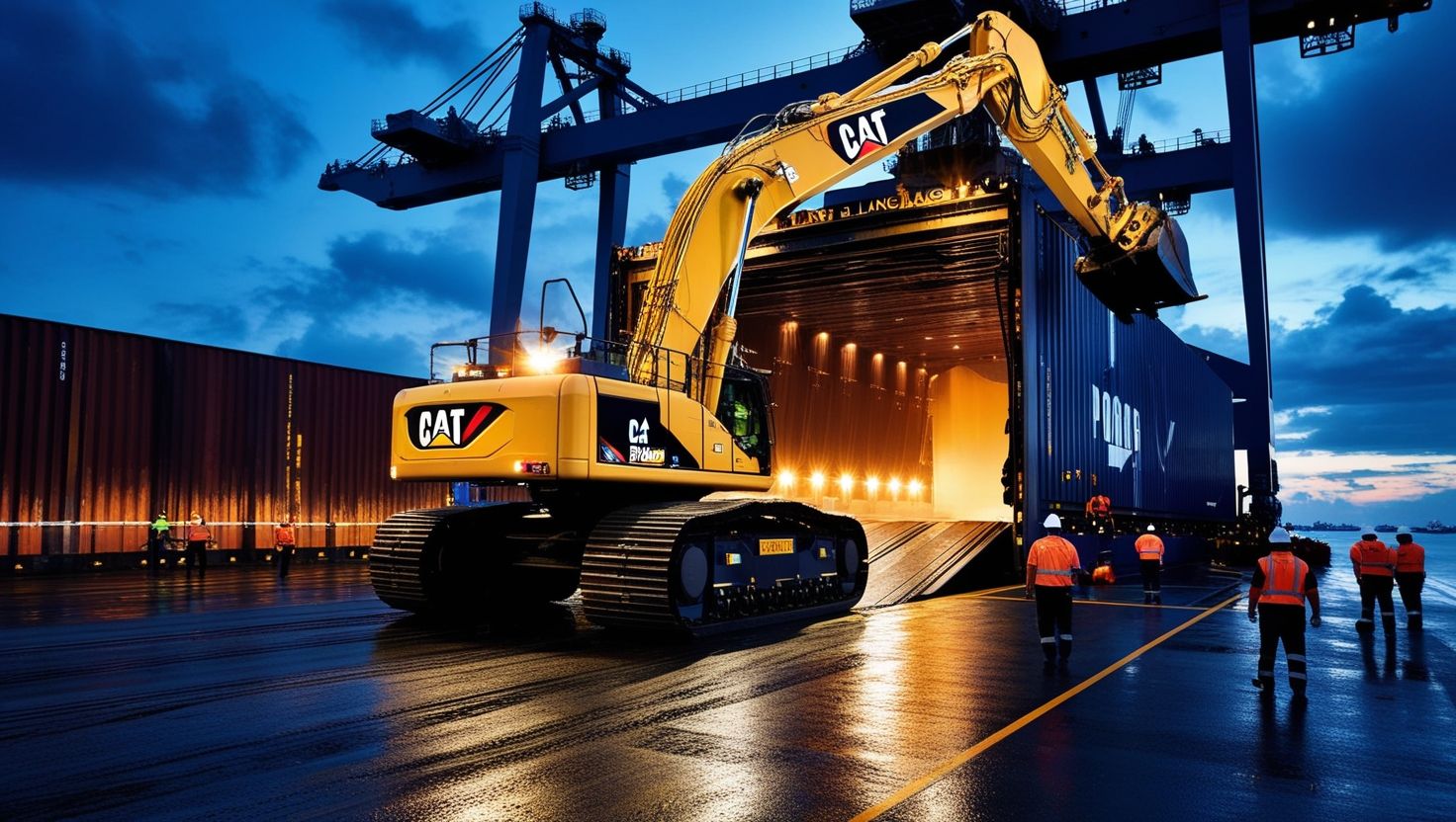 Yellow tracked excavator being lashed onto RORO vessel at Port Klang — cinematic industrial logistics