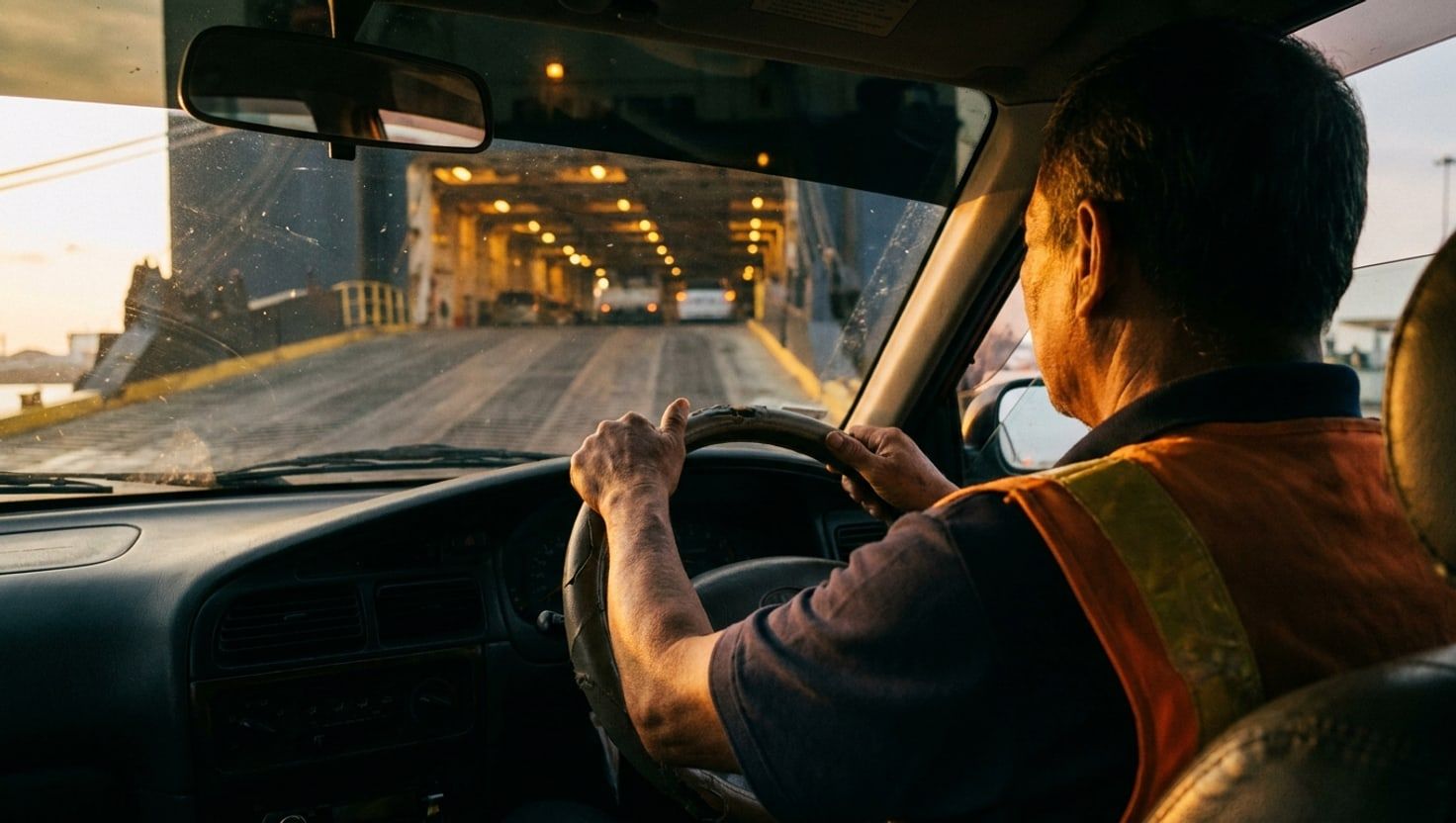 A jockey driver driving a vehicle onto a RORO ship at port