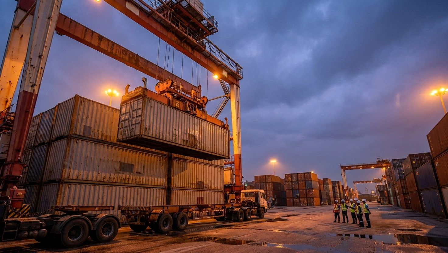 A gantry crane lifting a sealed shipping container onto a stack of containers at a Port Klang terminal