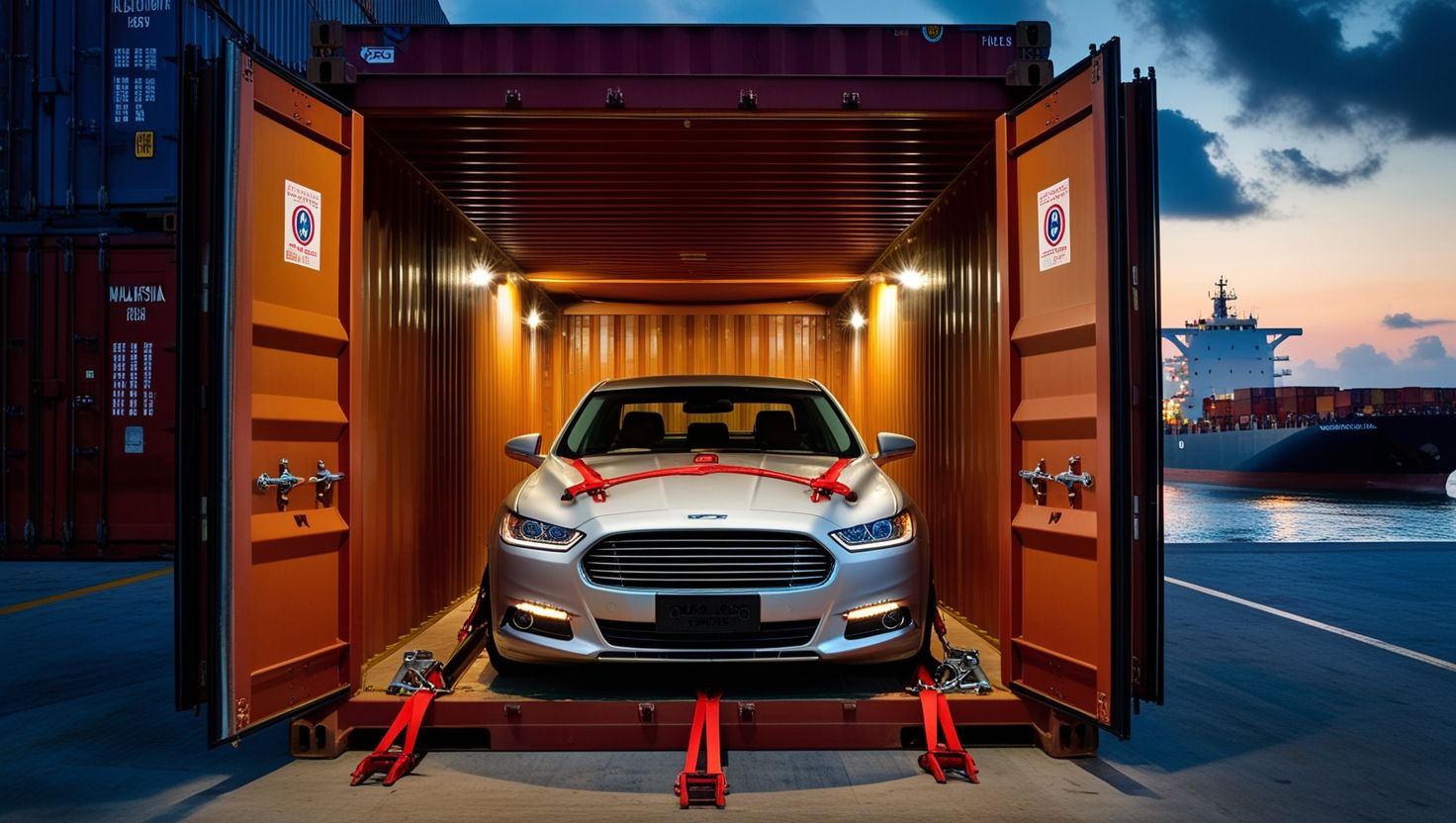 Premium sedan secured inside a sealed shipping container at Port Klang — marine cargo insurance protection
