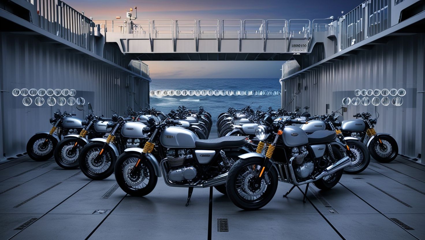 Premium adventure motorcycle secured for sea freight at Port Klang — cinematic dusk lighting