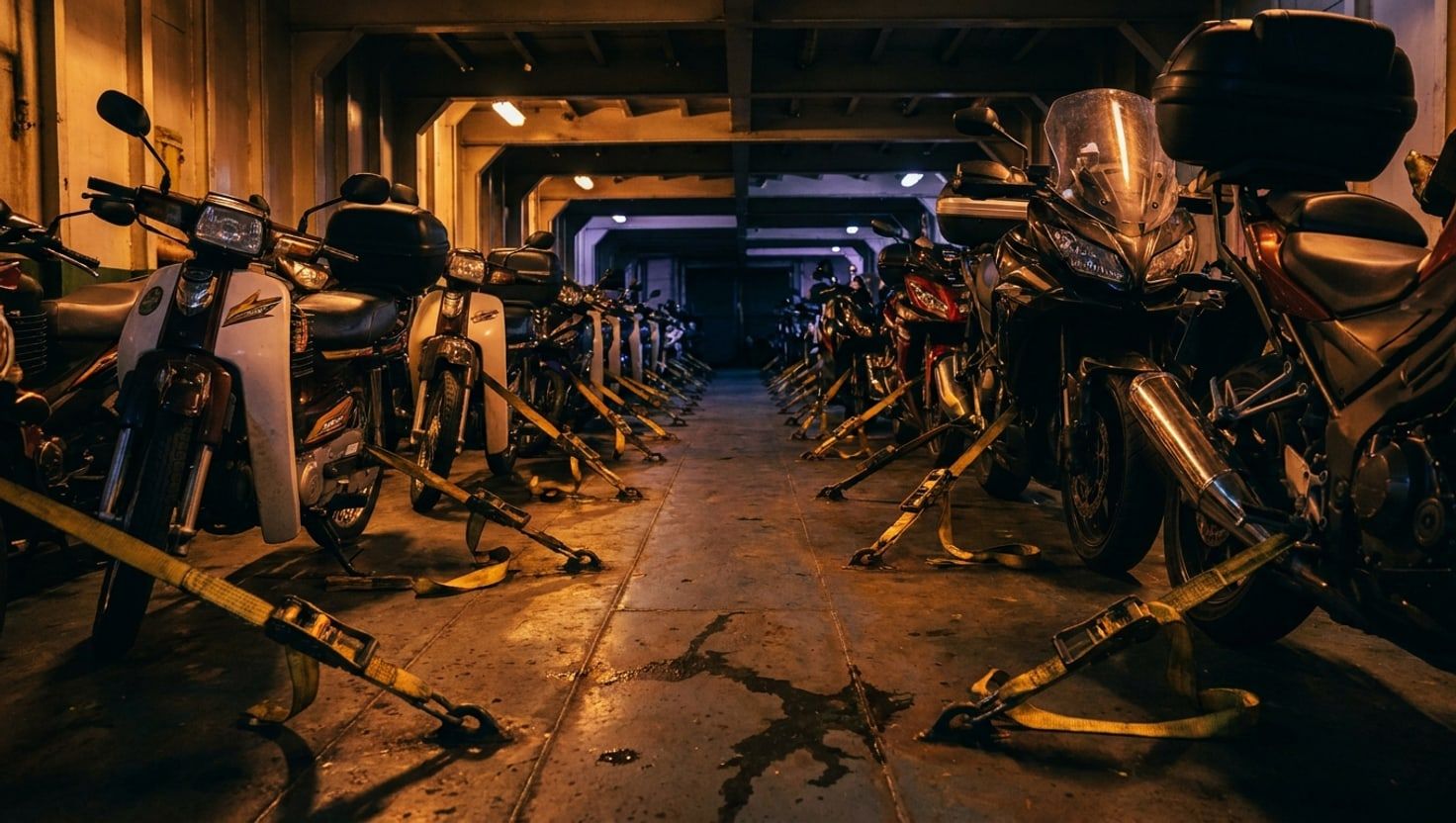 Premium adventure motorcycle secured for sea freight at Port Klang — cinematic dusk lighting