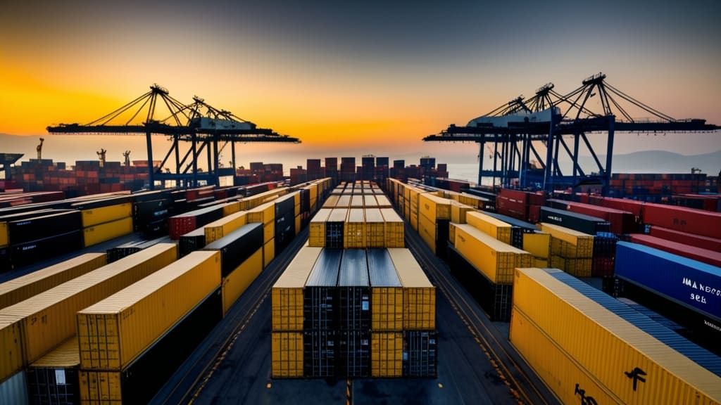 Container shipping port at golden hour