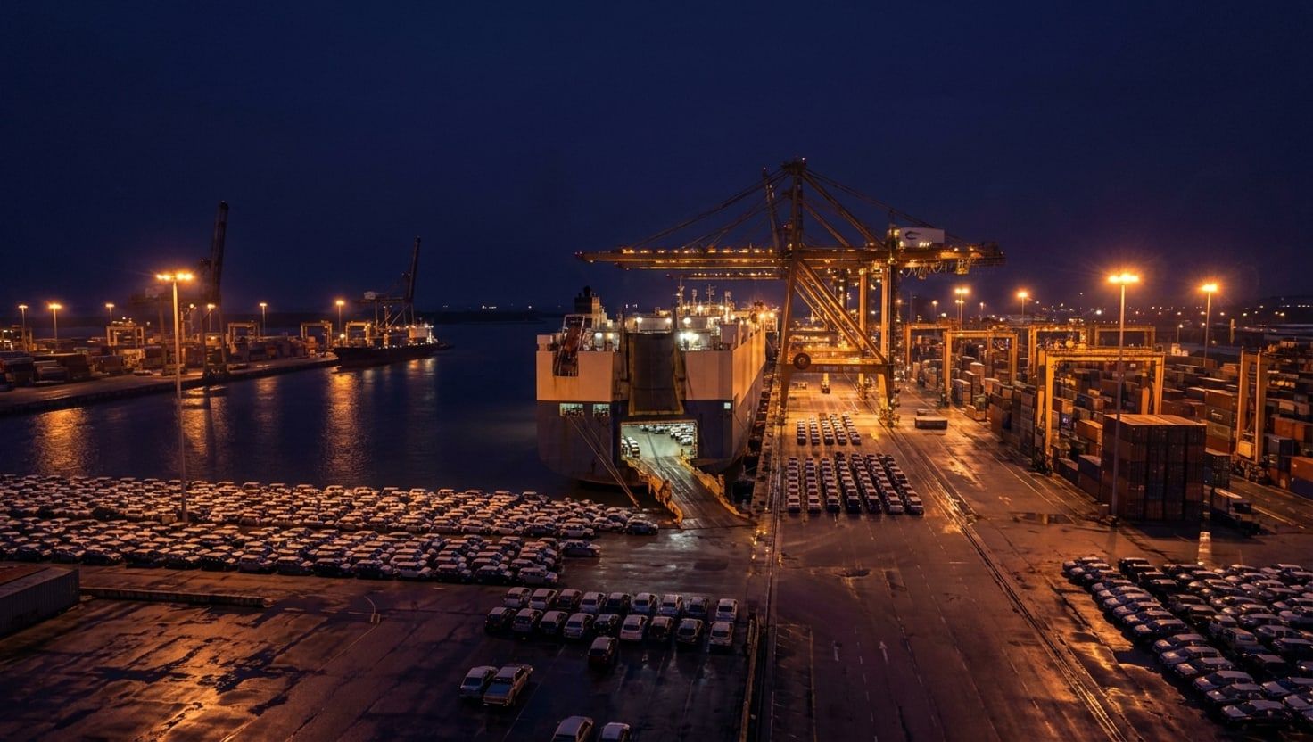 Cinematic photograph of a Port Klang RORO car carrier vessel docked at twilight with rows of cars queued on the apron ready for shipping to Kuching