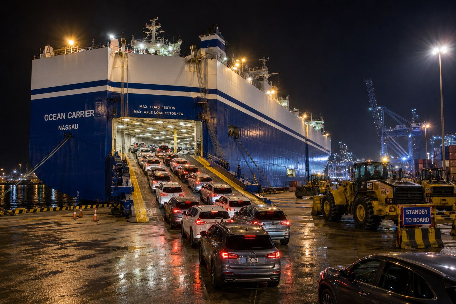 Kapal RORO memuatkan kereta di Port Klang waktu malam