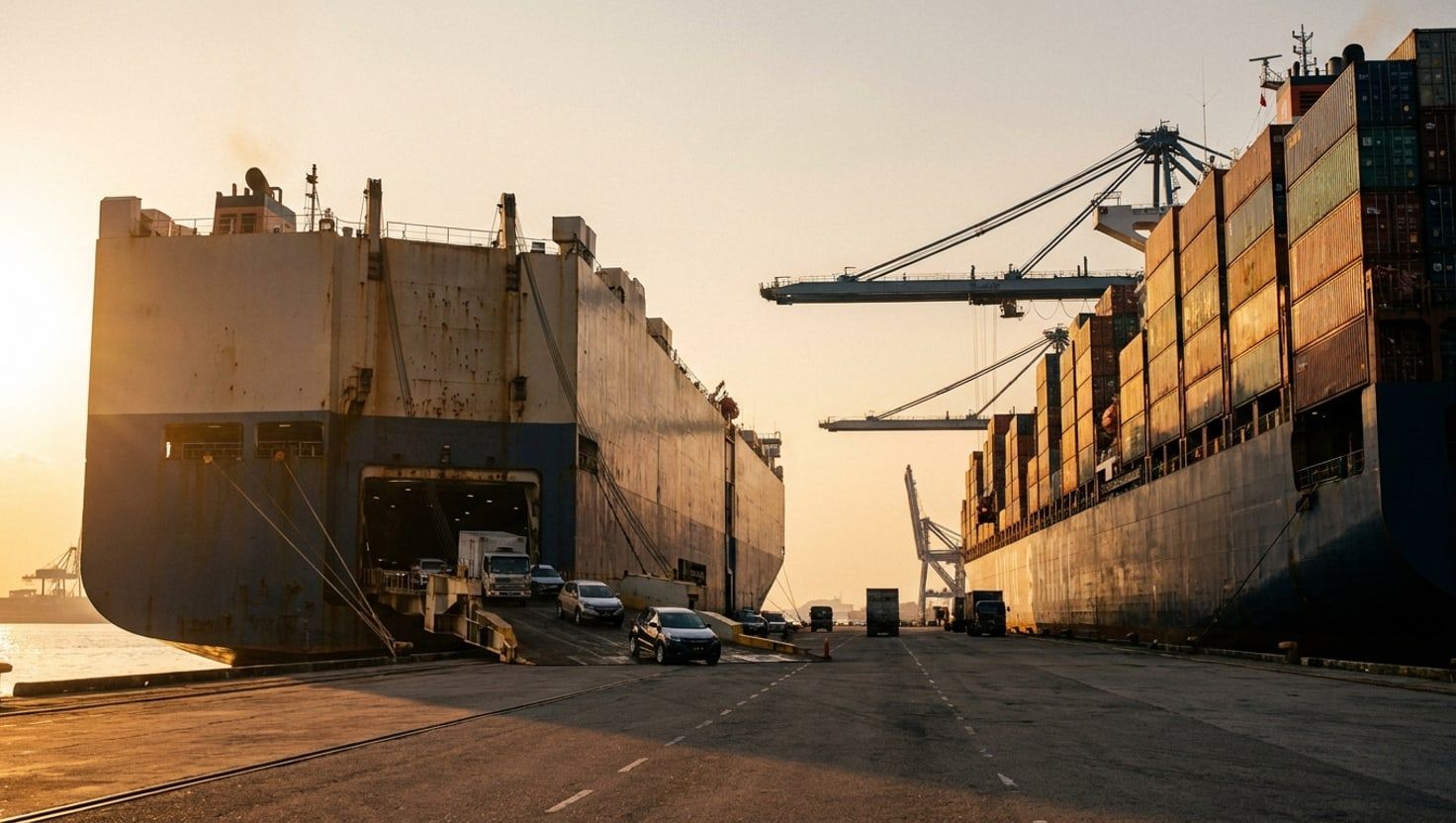 Kapal RORO dan kapal kontena di Port Klang waktu senja — perbandingan dua kaedah penghantaran kereta
