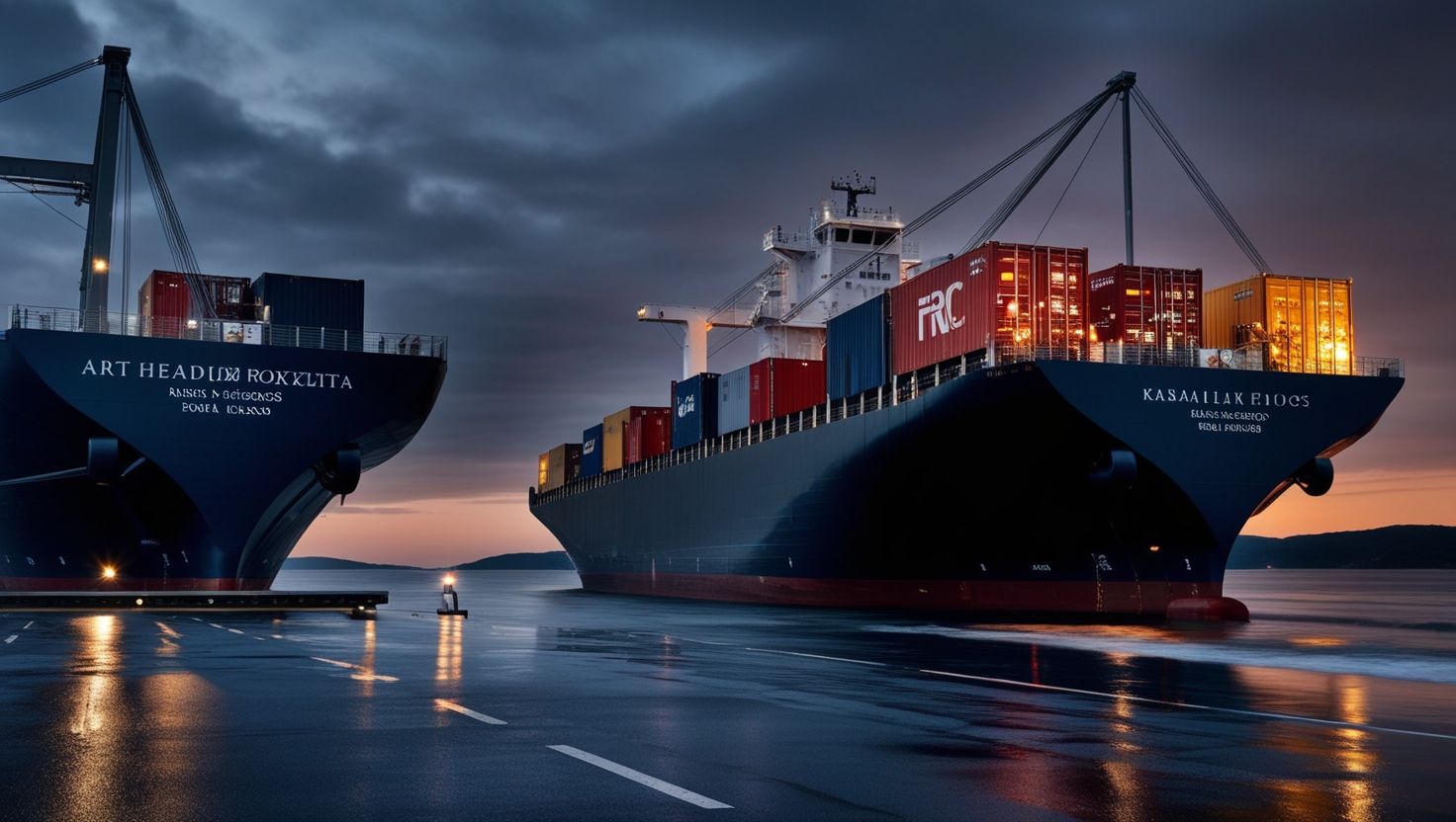 RORO car carrier vessel docked beside container ship at Port Klang Malaysia at dramatic blue hour