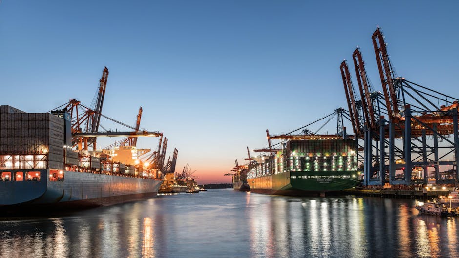 A picturesque view of Hamburg port with cargo ships and cranes at sunset.